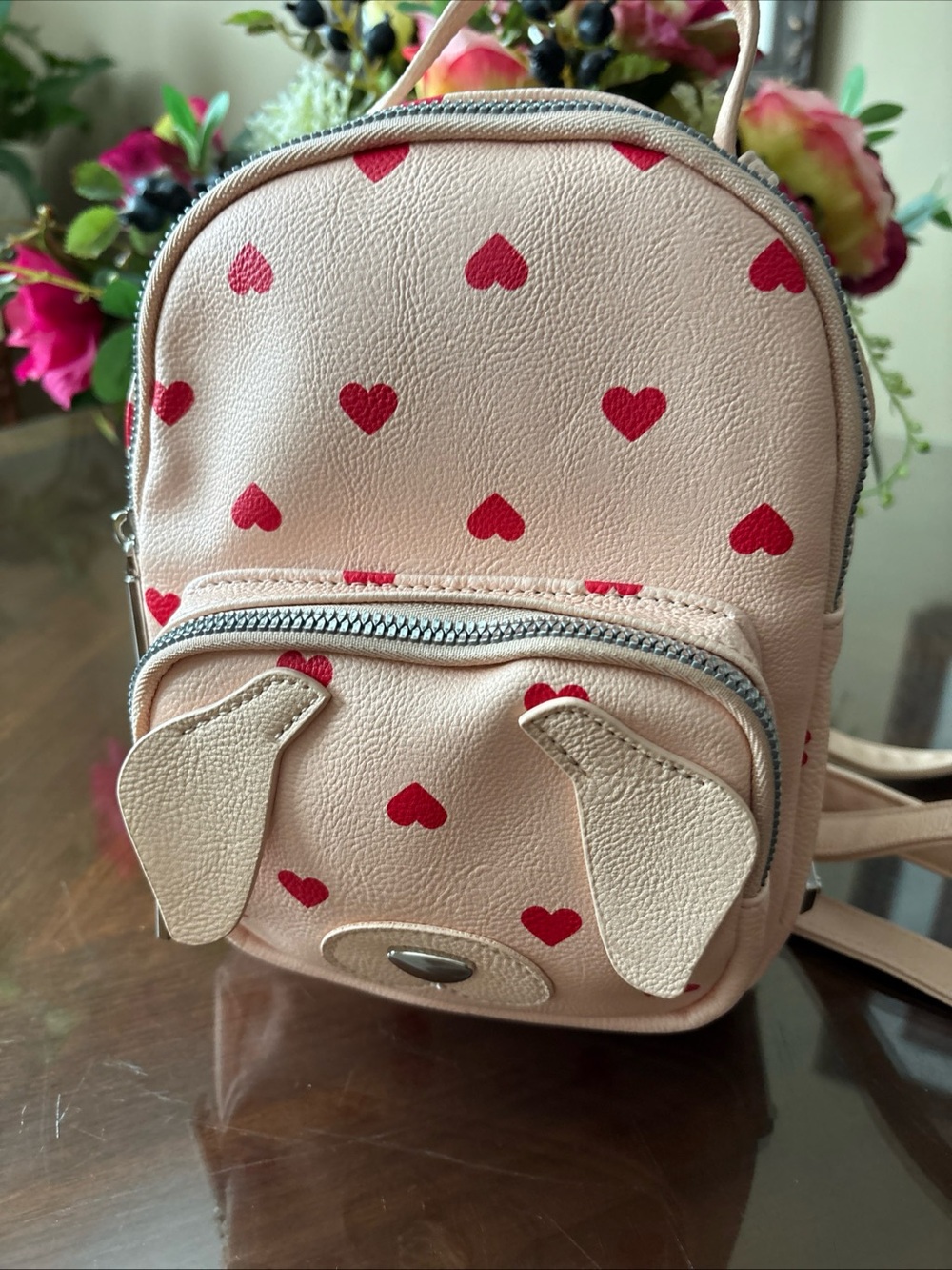 Betsey Johnson Pink Mini Puppy Backpack with Red Heart Print